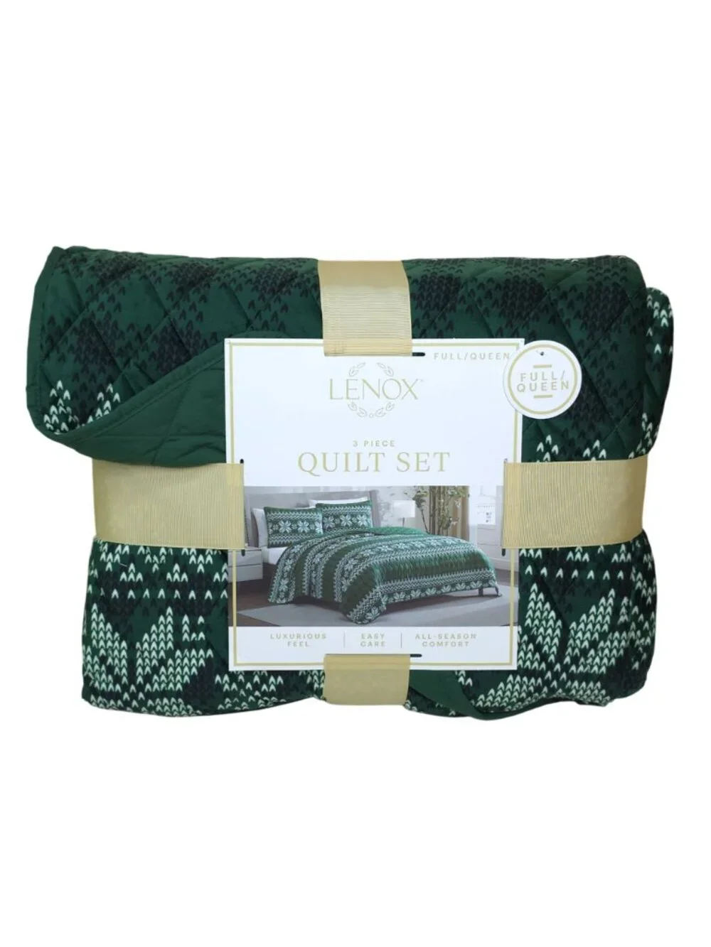 Lenox 3-Piece Full/Queen Quilt Set Green Snowflake Pattern Holiday Easy Care